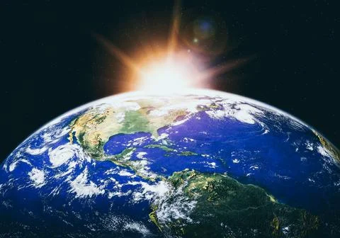Planet earth globe view from space showing realistic earth surface and world map Stock Photos