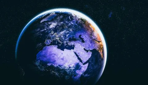 Planet earth globe view from space showing realistic earth surface and world map Stock Photos
