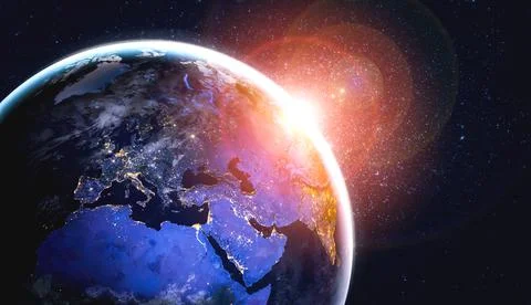 Planet earth globe view from space showing realistic earth surface and world map Stock Photos