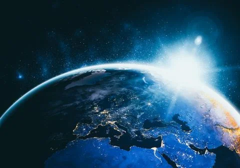 Planet earth globe view from space showing realistic earth surface and world map Stock Photos
