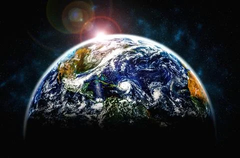 Planet earth globe view from space showing realistic earth surface and world map Stock Photos