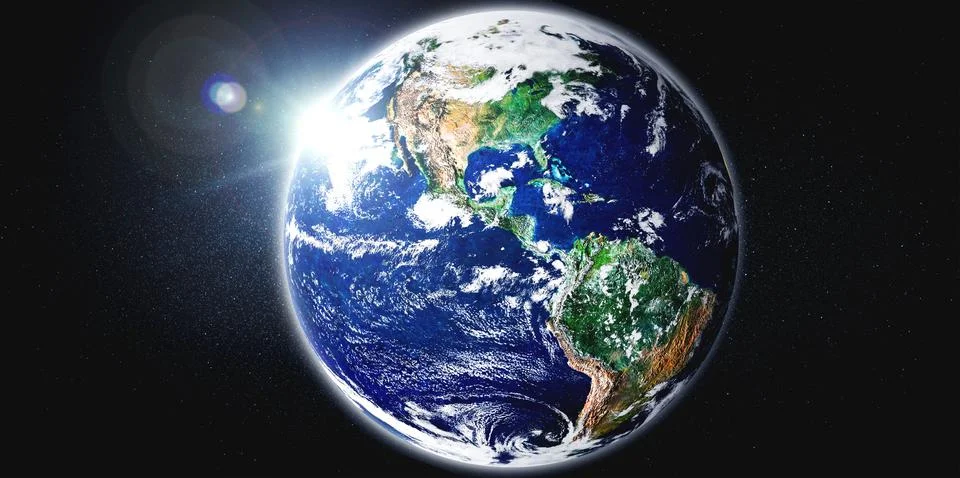 Planet earth globe view from space showing realistic earth surface and world map Stock Photos