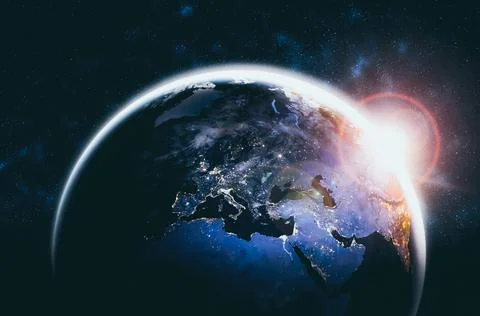 Planet earth globe view from space showing realistic earth surface and world map Stock Photos