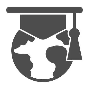 Planet earth with graduate hat solid icon, online education concept, globe Illustrazione stock