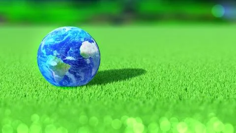 Planet Earth on the green of a golf course. America, Africa, Europe. 3D rende Stock Illustration