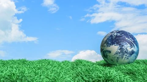 Planet Earth on Green Grass Under Blue Sky Concept 3d render. Stock Illustration