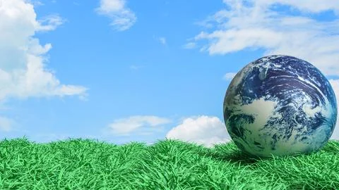 Planet Earth on Green Grass Under Blue Sky Concept 3d render. Stock Illustration
