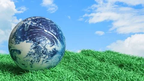 Planet Earth on Green Grass Under Blue Sky Concept 3d render. Stock Illustration