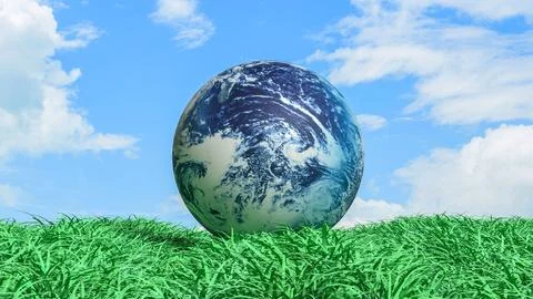 Planet Earth on Green Grass Under Blue Sky Concept 3d render. Stock Illustration