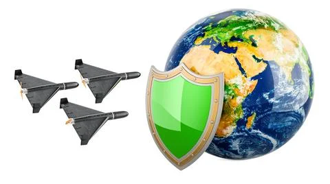 Planet Earth with green shield and military drones representing global defe.. Stock Illustration
