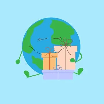 Planet Earth hugs gift boxes. Christmas holiday. Stock Illustration