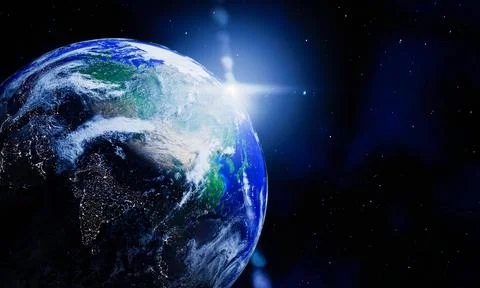 Planet earth images view from space with sun rays from the edge of the worl.. Stock Illustration