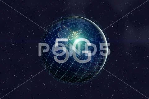 Planet earth with inscription 5G among universe. Stock Illustration