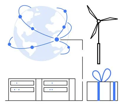 Planet Earth interconnected with nodes, wind turbine, servers, and a gift box Stock Illustration