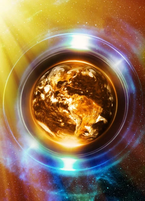 Planet Earth in light circle, Cosmic Space background. Computer Video stock 158164999