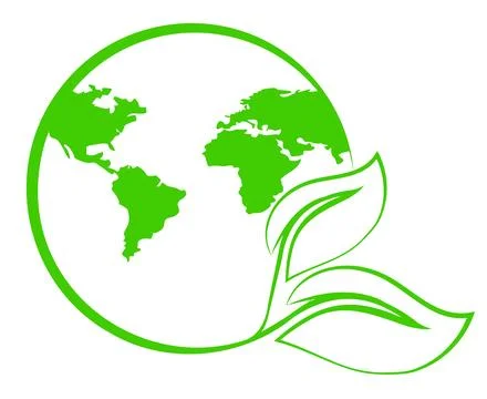 Planet earth with map and green leaves, logo or emblem, symbol. Earth day Stock Illustration