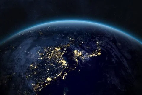 Planet Earth at night. Eastern hemisphere. East Asia. Stock Photos