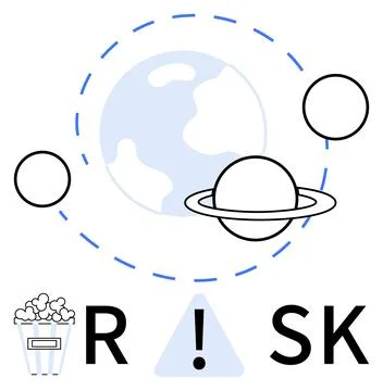 Planet Earth with orbiting celestial bodies and saturn-thumbs up planet. RISK Illustrazione stock