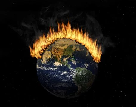 Planet Earth in Outer Space Engulfed in Flames Stock Photos