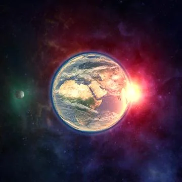 Planet earth in outer space with moon, atmosphere and sunlight Illustrazione stock
