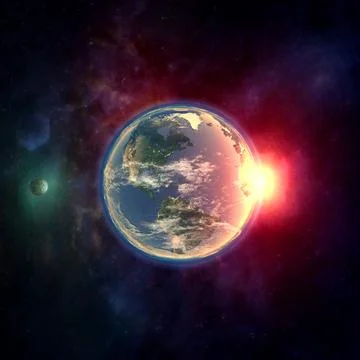 Planet earth in outer space with moon, atmosphere and sunlight Illustrazione stock