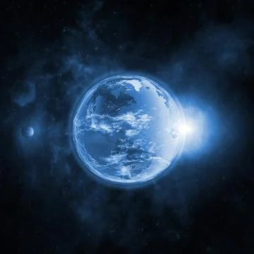 Planet earth in outer space with moon, atmosphere and sunlight Illustrazione stock