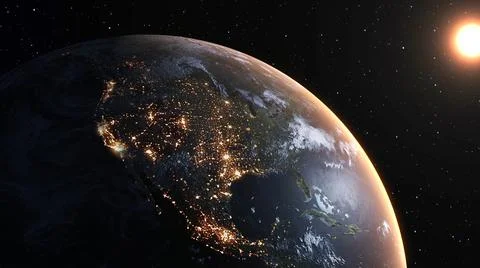 Planet earth with realistic geography surface and orbital 3D cloud atmosphere Stock Illustration
