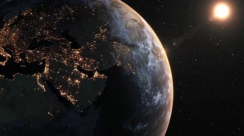 Planet earth with realistic geography surface and orbital 3D cloud atmosphere Illustrazione stock
