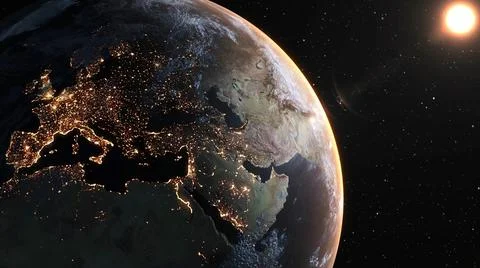 Planet earth with realistic geography surface and orbital 3D cloud atmosphere Illustrazione stock