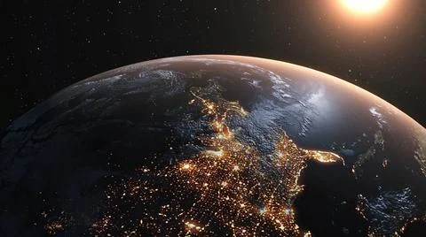 Planet earth with realistic geography surface and orbital 3D cloud atmosphere Illustrazione stock