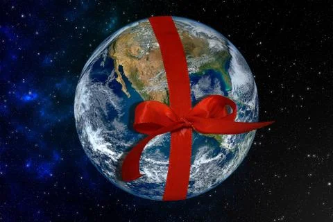 Planet Earth with red ribbon "Elements of this image furnished by NASA" Stock Photos