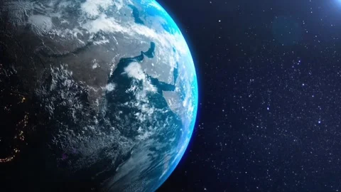Planet earth rotating in deep space with sun flare and city lights Vidéo 346327471