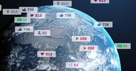 Planet Earth rotating in outer space, with floating social media notification 스톡 일러스트