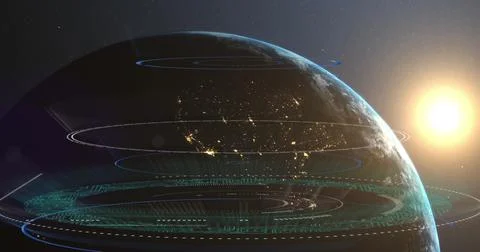 Planet Earth rotating in outer space, with holographic rings, data grids and sun Foto stock