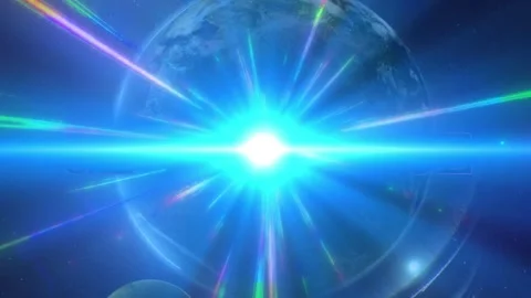 Planet Earth rotating in space with a bright blue light flare and Global Voice Video stock 346363445