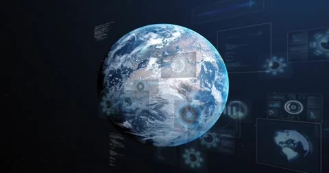 Planet Earth rotating in stars, causing sliding HUD panels overlaying globe and Stock Footage 332285307