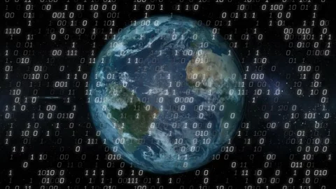 Planet Earth rotating while binary appearing and cascading, obscuring globe and Stock Footage 328417769