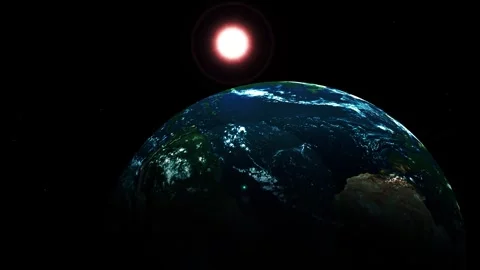 Planet earth seen from space with a bright sun above, dark background and g.. Stock Footage 340383009