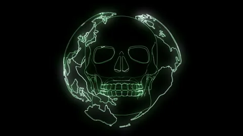 Planet Earth Skull Apocalypse Wireframe Neon Green Globe 4K 25fps VJ Loop Stock Footage 345467040