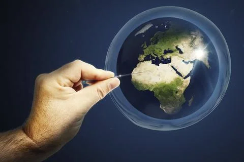 Planet earth in a soap bubble and a hand with a needle that bursts everything 3d Stock Illustration