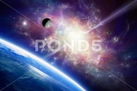 Planet Earth in space, Moon orbits around Earth, spiral galaxy Stock Photos