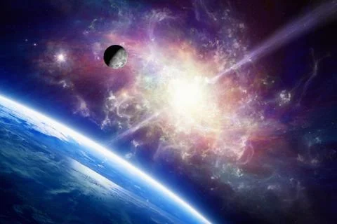 Planet Earth in space, Moon orbits around Earth, spiral galaxy Stock Photos