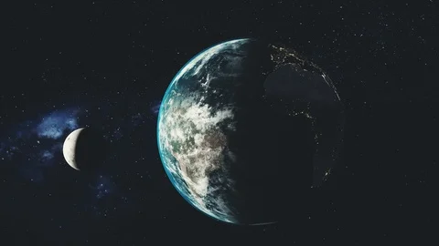 Planet earth spin moon orbit space sun beam glow Vídeo Stock 106597183