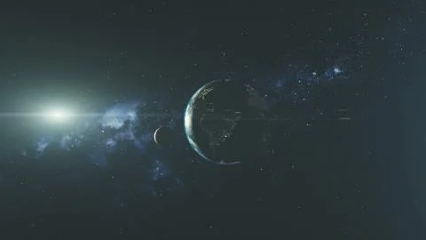 Planet earth spin moon orbit space sun beam glow Stock Illustration