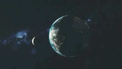 Planet earth spin moon orbit space sun beam glow Stock Illustration
