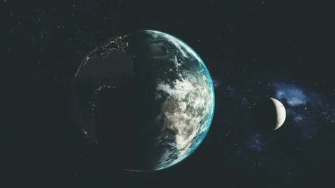 Planet earth spin moon orbit space sun beam glow Stock Illustration