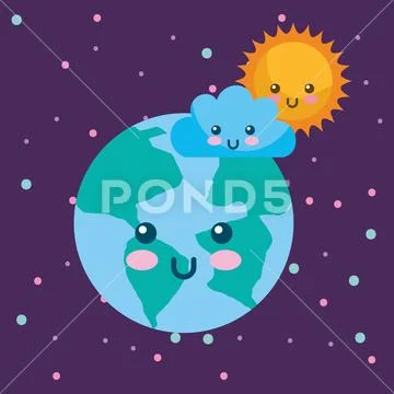 Planet earth sun and cloud kawaii weather Stock Illustrationen