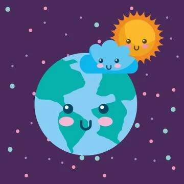 Planet earth sun and cloud kawaii weather Stock Illustration