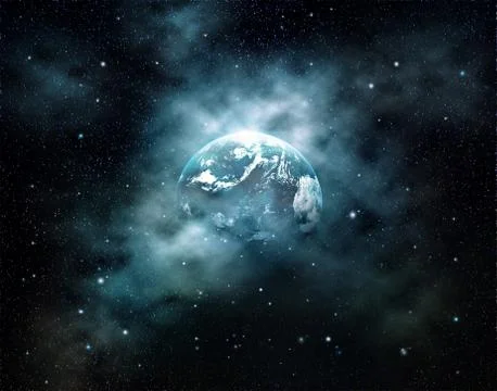Planet earth with sun rising in outer space at star field Stock Illustration