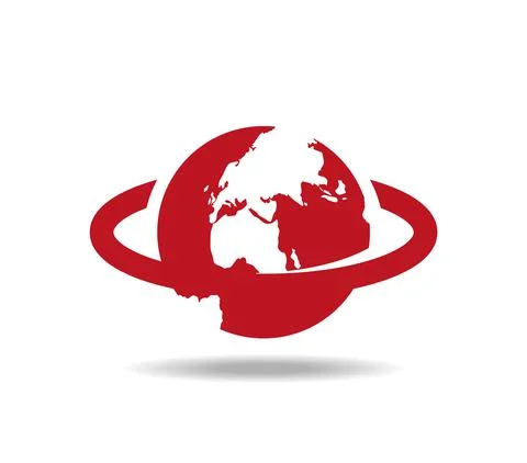 Planet earth surrounded by solid ring. In red and horizontally. Stock Illustration